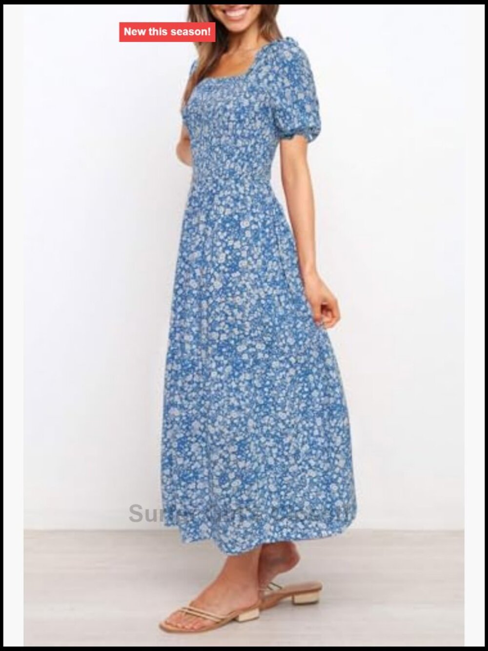 Ruffle Sleeve Boho Floral Maxi Dress Square Neck Smocked - Picture 5 of 7